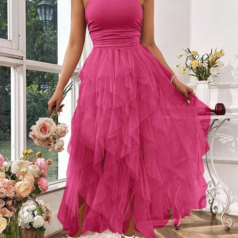 Hot Pink Sexy Women's Ladies Solid Color Simple Style Everyday Mesh Halter Dress - Picture 6 of 6
